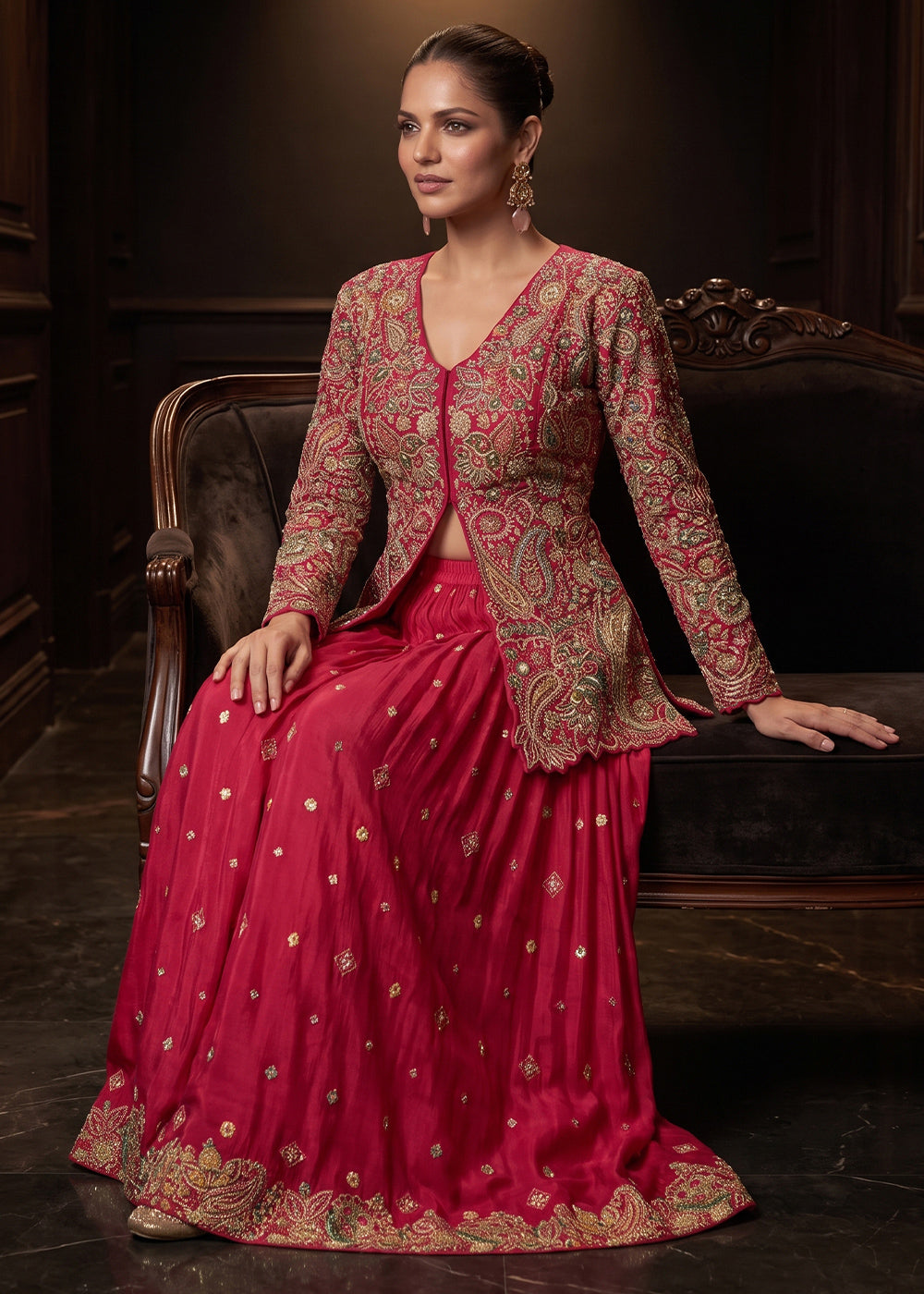 Magenta Chinon Silk High-Slit Palazzo Suit Set with Zari, Sequin &amp; Stone Embroidery