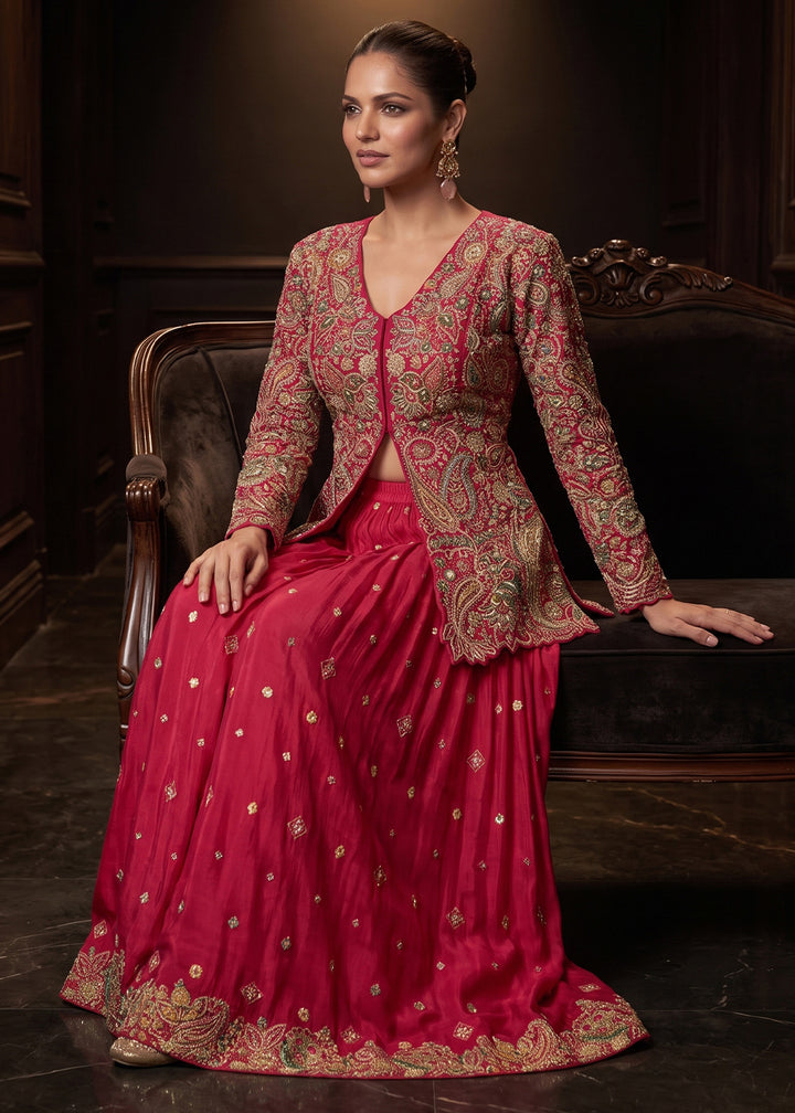 Magenta Chinon Silk High-Slit Palazzo Suit Set with Zari, Sequin &amp; Stone Embroidery