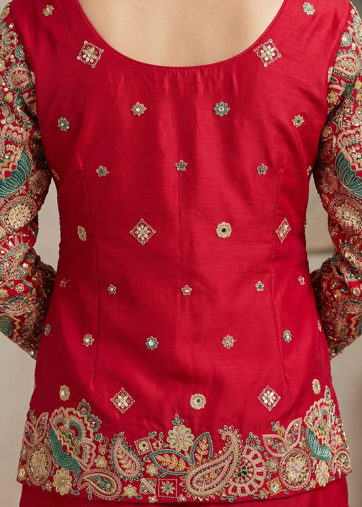 Magenta Chinon Silk High-Slit Palazzo Suit Set with Zari, Sequin &amp; Stone Embroidery