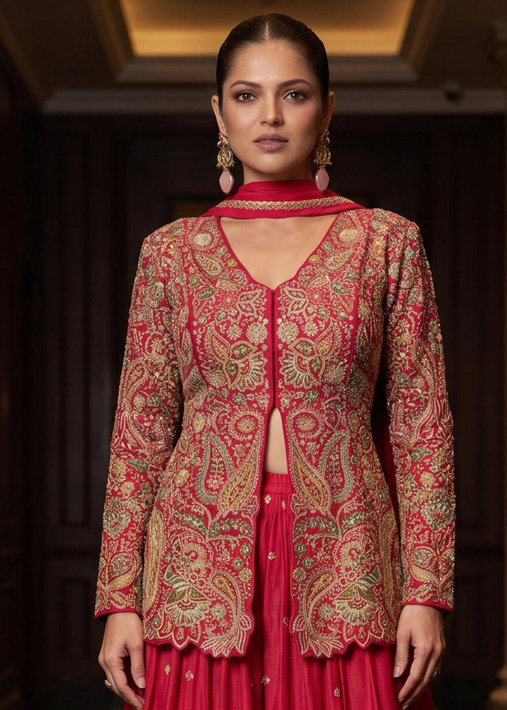Magenta Chinon Silk High-Slit Palazzo Suit Set with Zari, Sequin &amp; Stone Embroidery