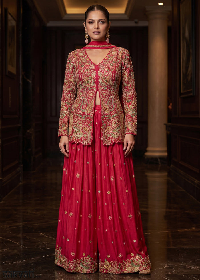Magenta Chinon Silk High-Slit Palazzo Suit Set with Zari, Sequin & Stone Embroidery