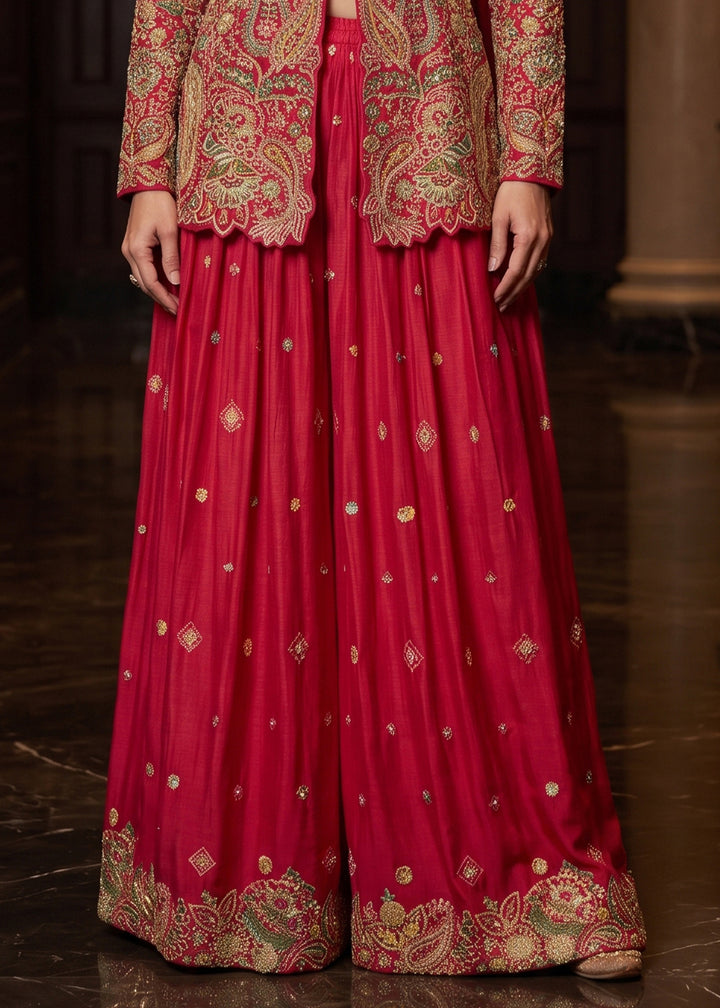 Magenta Chinon Silk High-Slit Palazzo Suit Set with Zari, Sequin &amp; Stone Embroidery