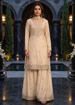 Light Brown Chinon Silk Palazzo Suit with Hand-Beaded Elegance