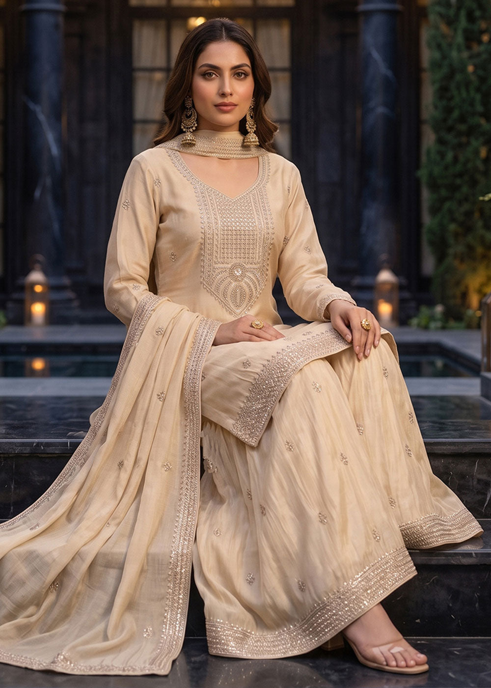 Light Brown Chinon Silk Palazzo Suit with Hand-Beaded Elegance