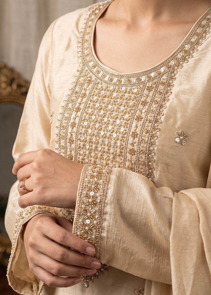 Light Brown Chinon Silk Palazzo Suit with Hand-Beaded Elegance