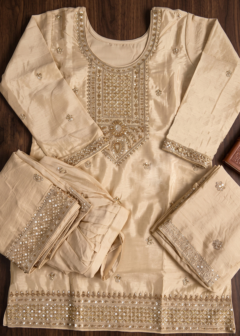 Light Brown Chinon Silk Palazzo Suit with Hand-Beaded Elegance