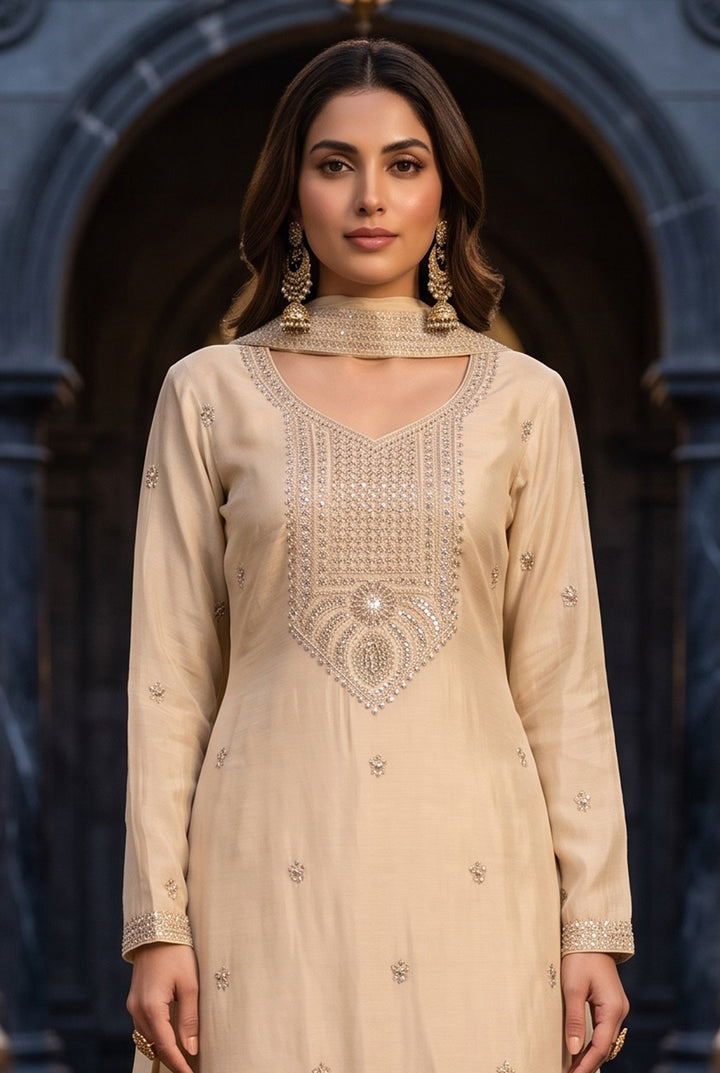 Light Brown Chinon Silk Palazzo Suit with Hand-Beaded Elegance