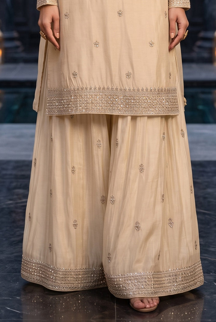 Light Brown Chinon Silk Palazzo Suit with Hand-Beaded Elegance