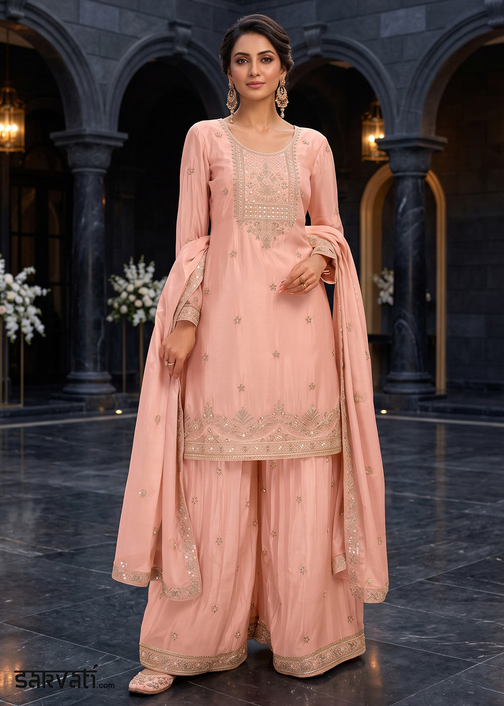 Peach Pink Chinon Silk Palazzo Suit with Hand-Beaded Elegance
