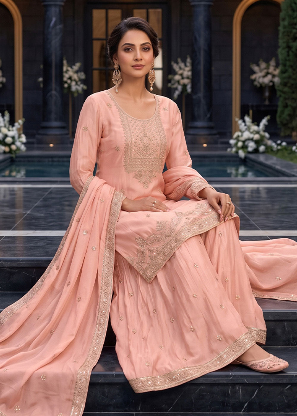 Peach Pink Chinon Silk Palazzo Suit with Hand-Beaded Elegance