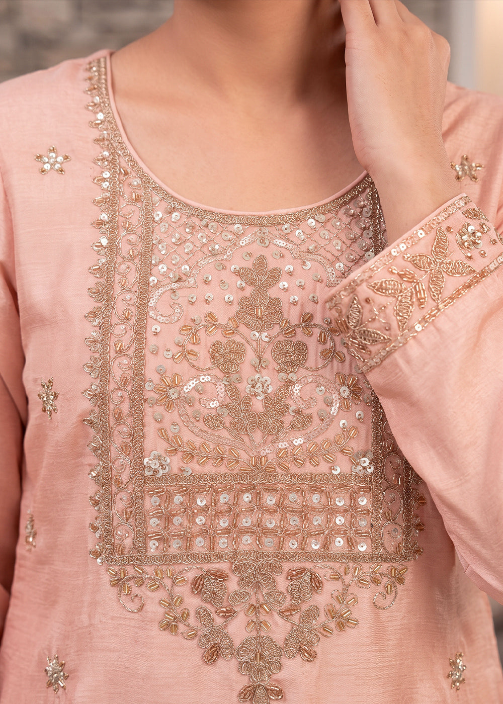 Peach Pink Chinon Silk Palazzo Suit with Hand-Beaded Elegance