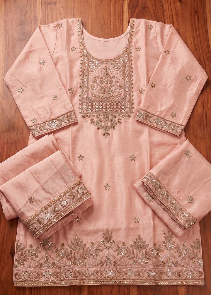 Peach Pink Chinon Silk Palazzo Suit with Hand-Beaded Elegance