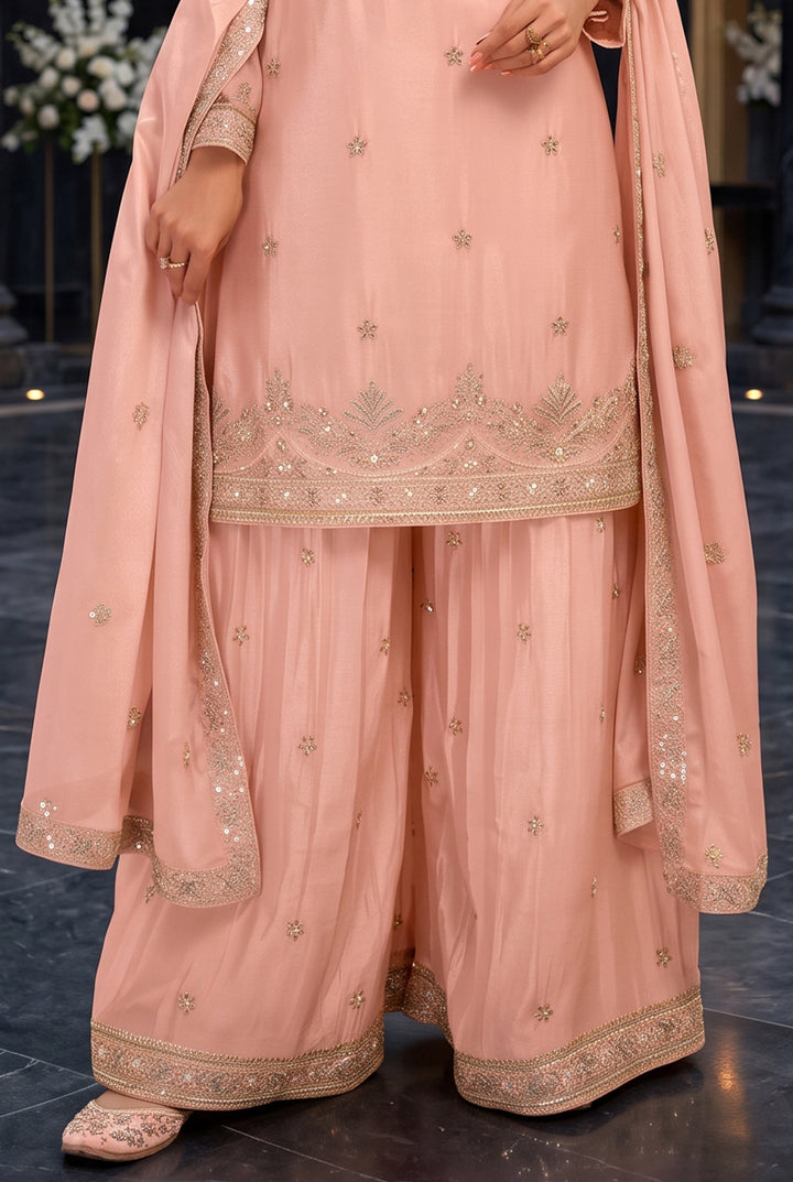 Peach Pink Chinon Silk Palazzo Suit with Hand-Beaded Elegance