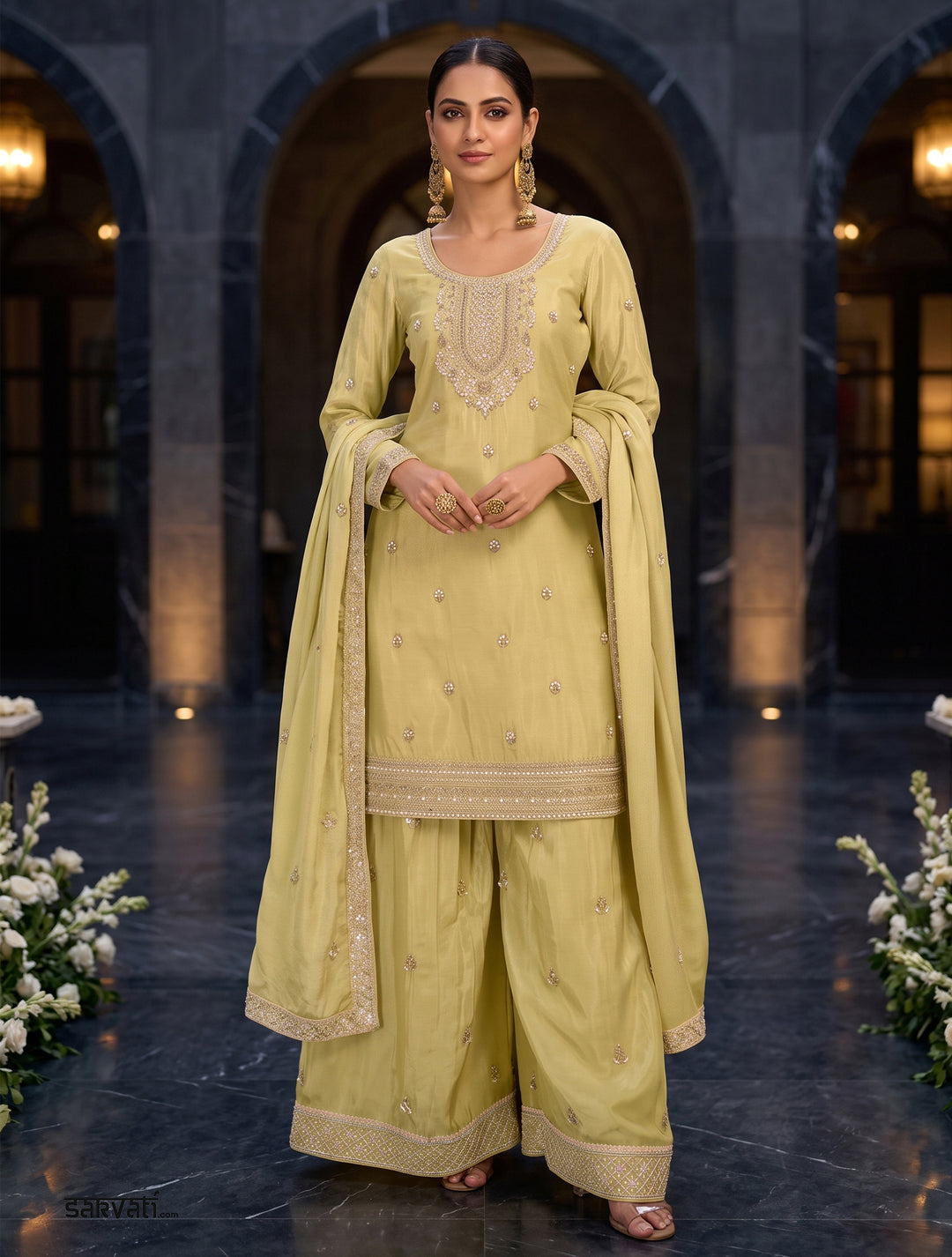 Light Green Chinon Silk Palazzo Suit with Hand-Beaded Elegance