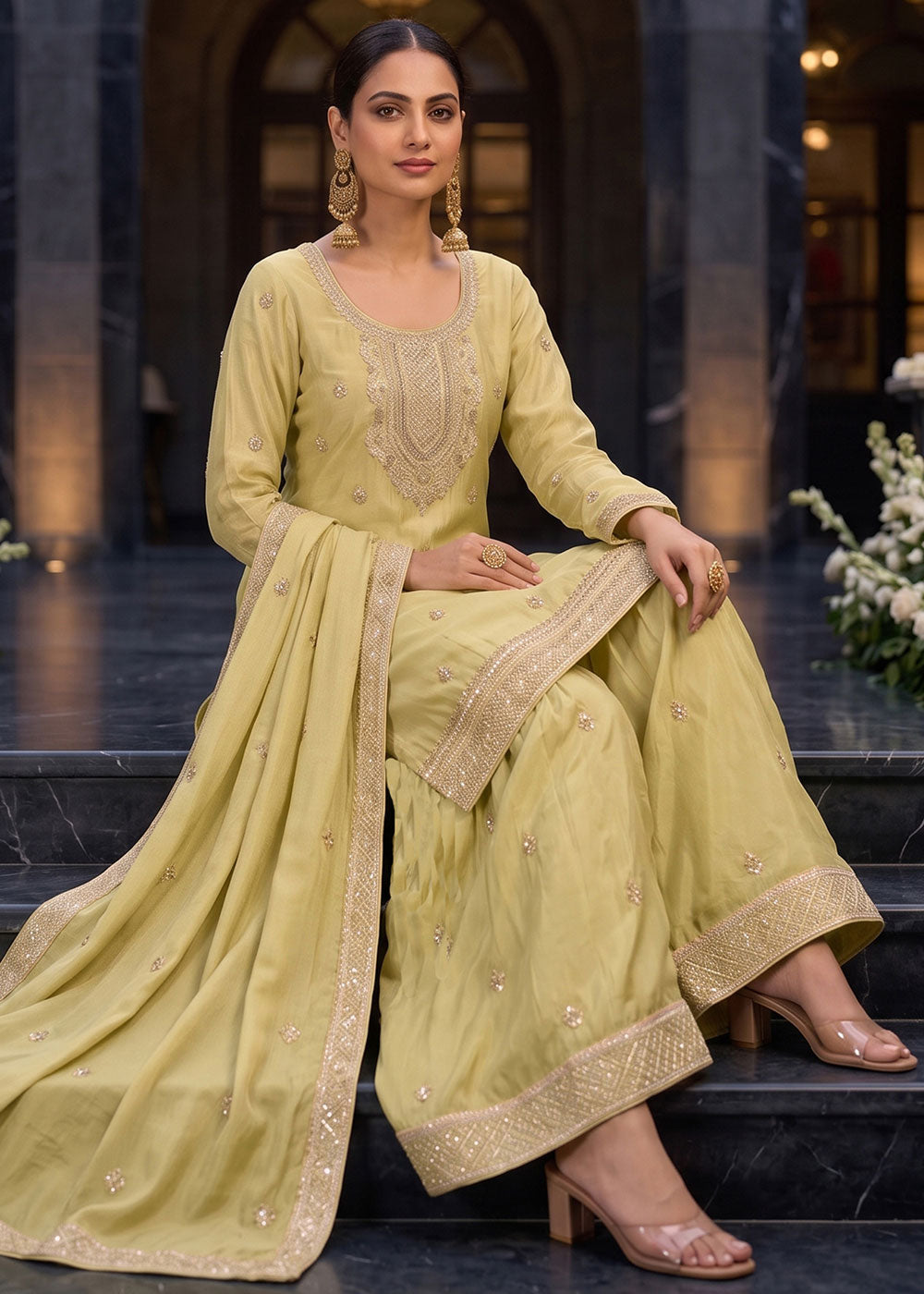 Light Green Chinon Silk Palazzo Suit with Hand-Beaded Elegance