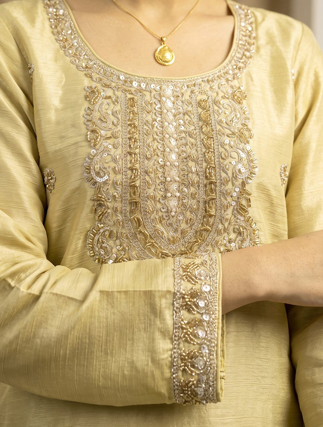 Light Green Chinon Silk Palazzo Suit with Hand-Beaded Elegance