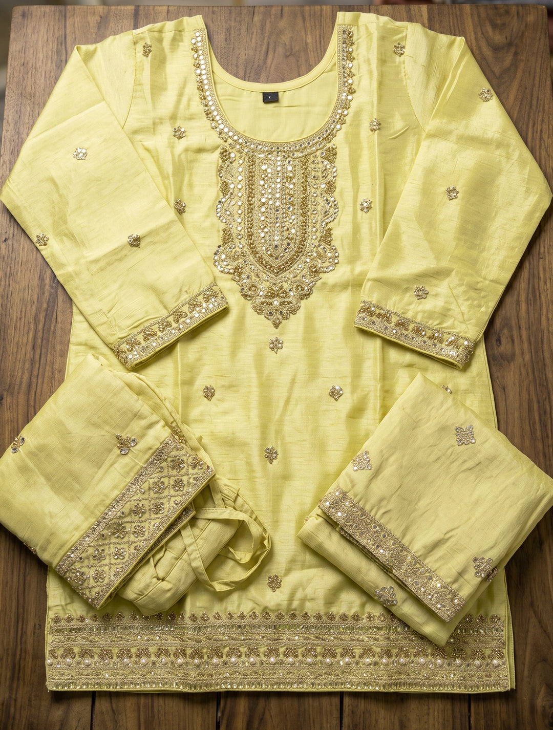 Light Green Chinon Silk Palazzo Suit with Hand-Beaded Elegance