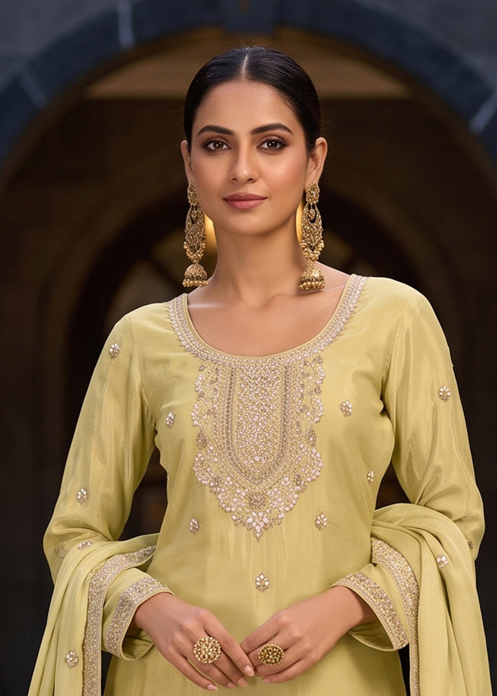 Light Green Chinon Silk Palazzo Suit with Hand-Beaded Elegance