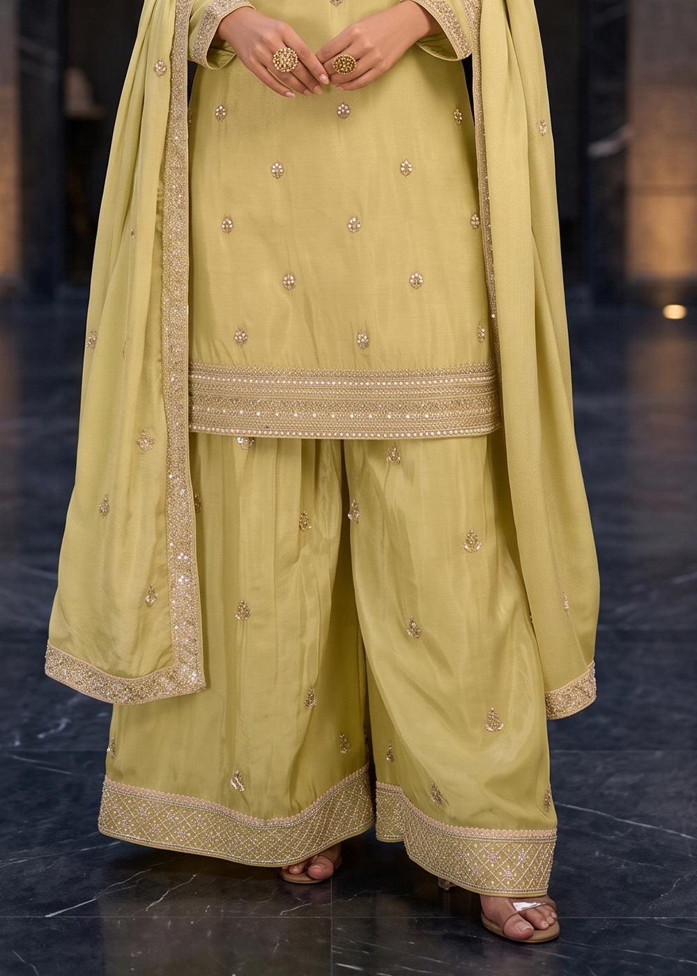 Light Green Chinon Silk Palazzo Suit with Hand-Beaded Elegance