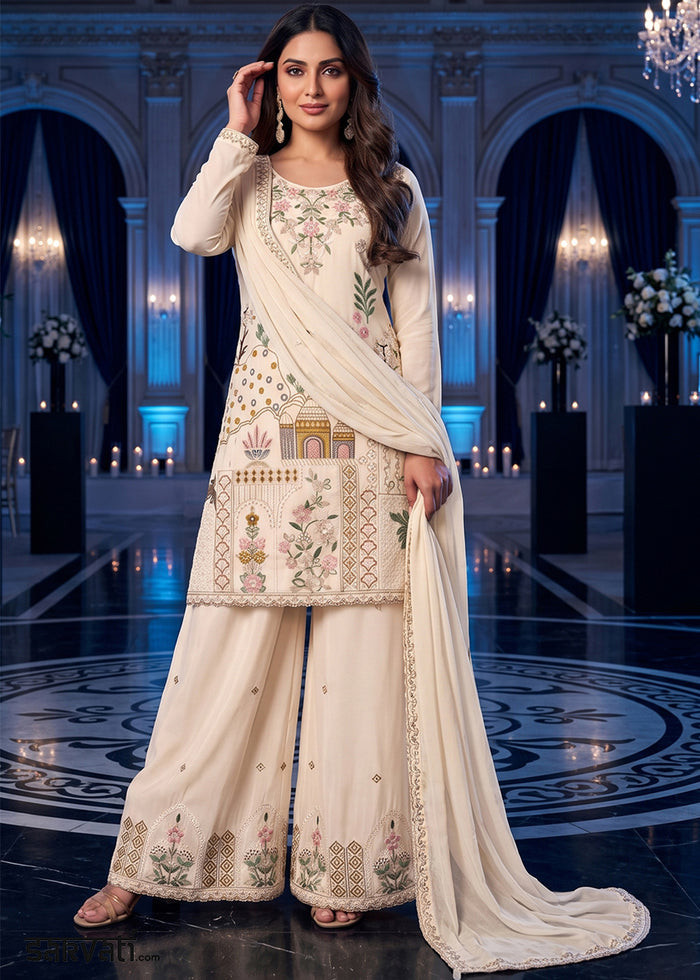 Cream White Silk Palazzo Suit with Delicate Thread Artistry
