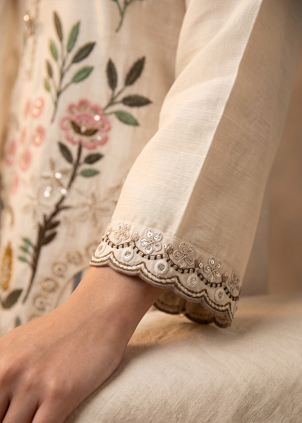 Cream White Silk Palazzo Suit with Delicate Thread Artistry
