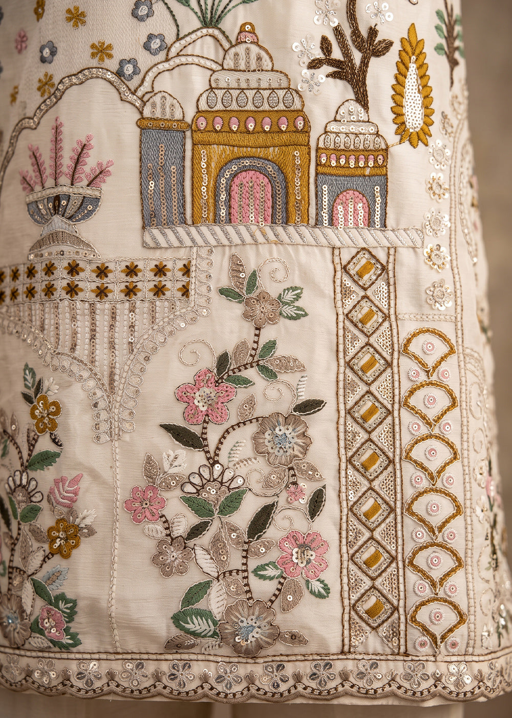 Cream White Silk Palazzo Suit with Delicate Thread Artistry