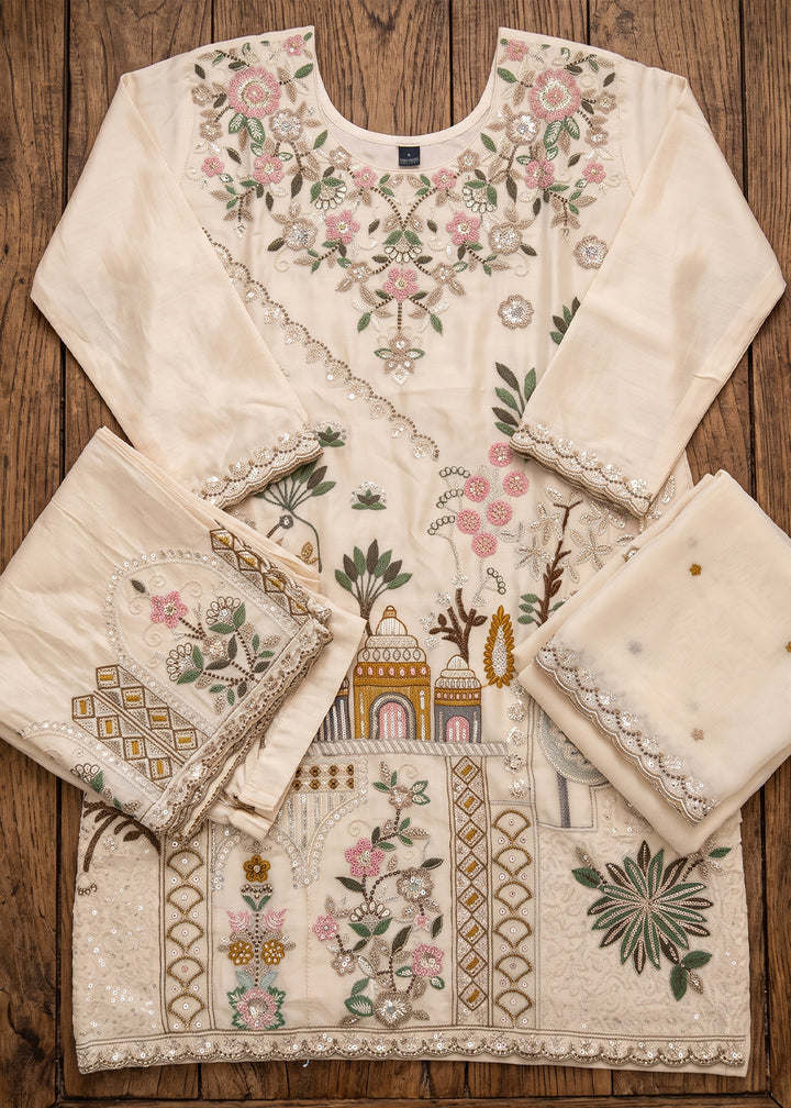 Cream White Silk Palazzo Suit with Delicate Thread Artistry