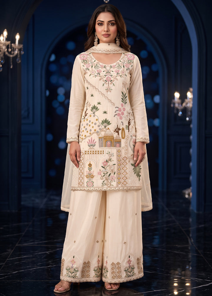 Cream White Silk Palazzo Suit with Delicate Thread Artistry