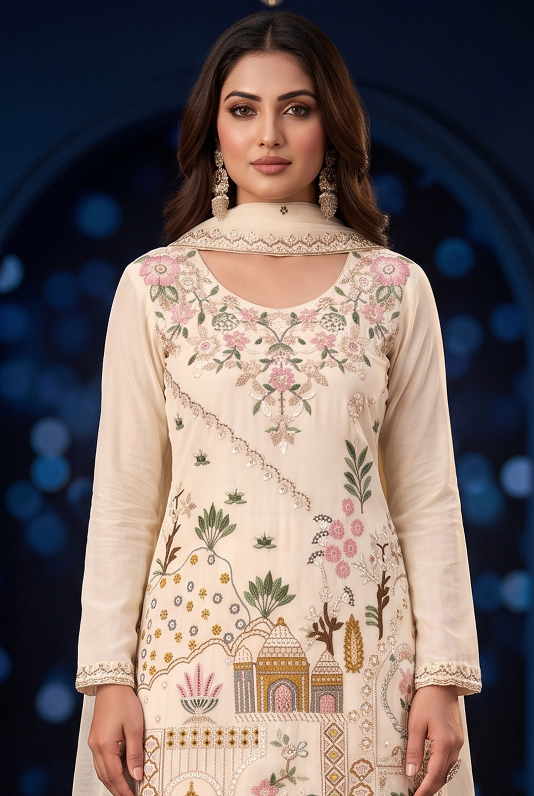 Cream White Silk Palazzo Suit with Delicate Thread Artistry