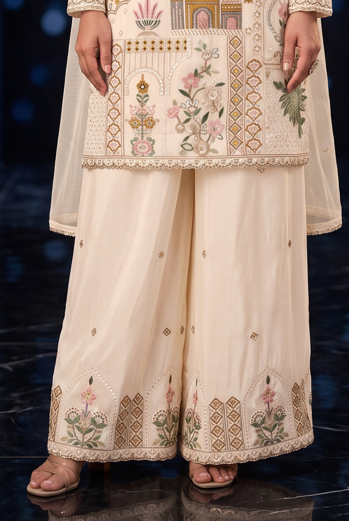 Cream White Silk Palazzo Suit with Delicate Thread Artistry