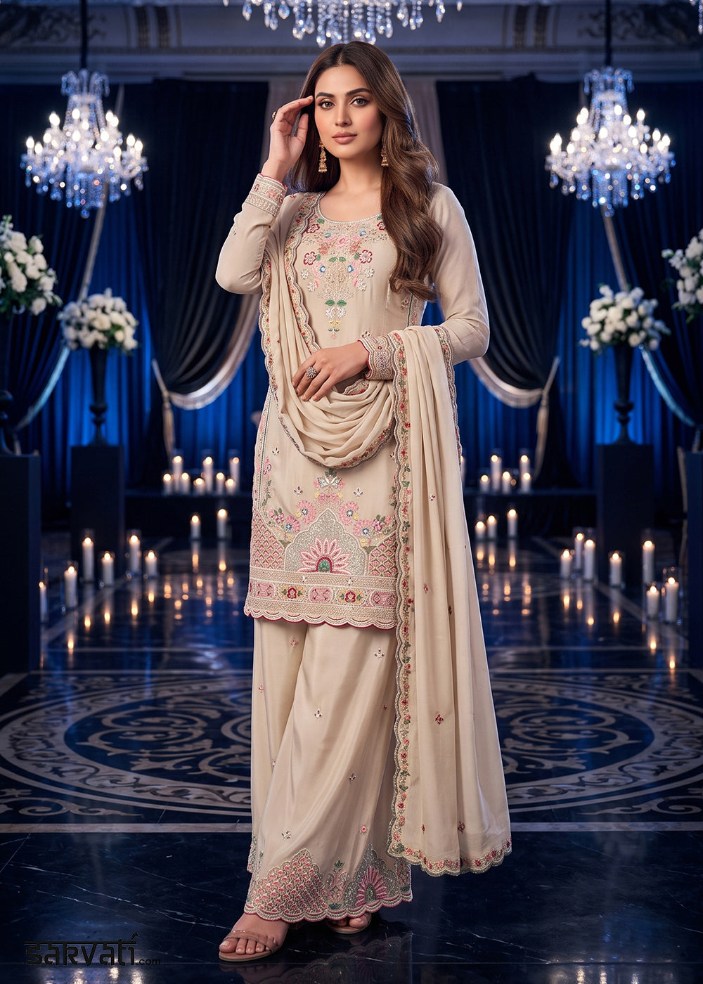 Beige Brown Silk Palazzo Suit with Delicate Thread Artistry