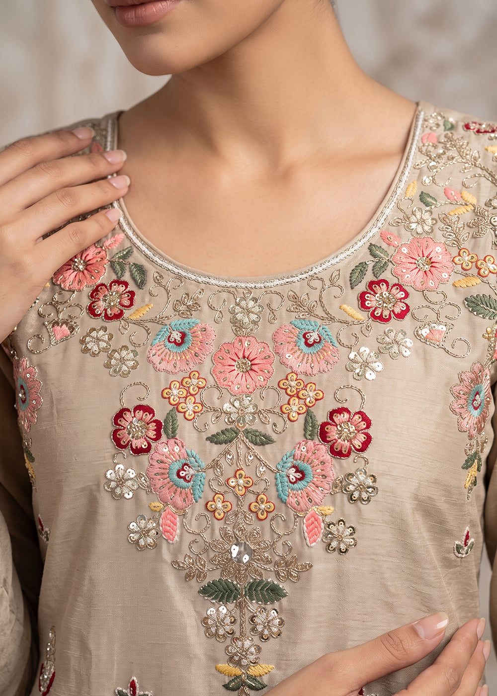 Beige Brown Silk Palazzo Suit with Delicate Thread Artistry