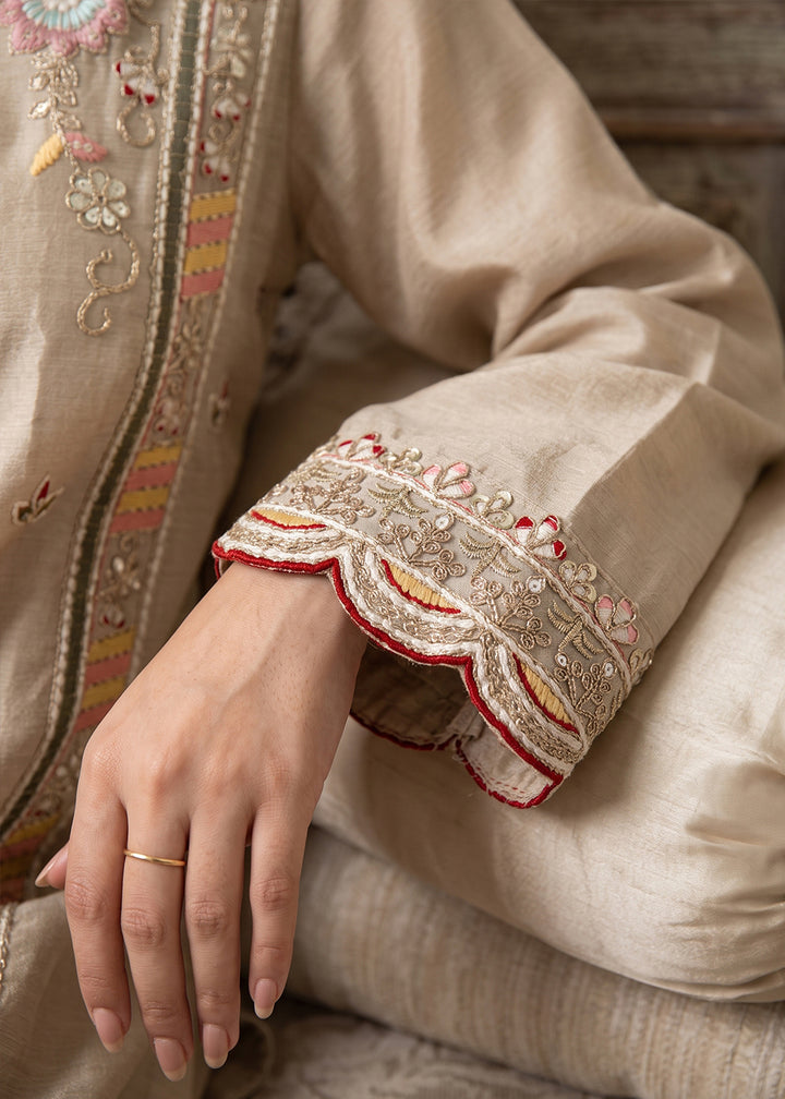 Beige Brown Silk Palazzo Suit with Delicate Thread Artistry