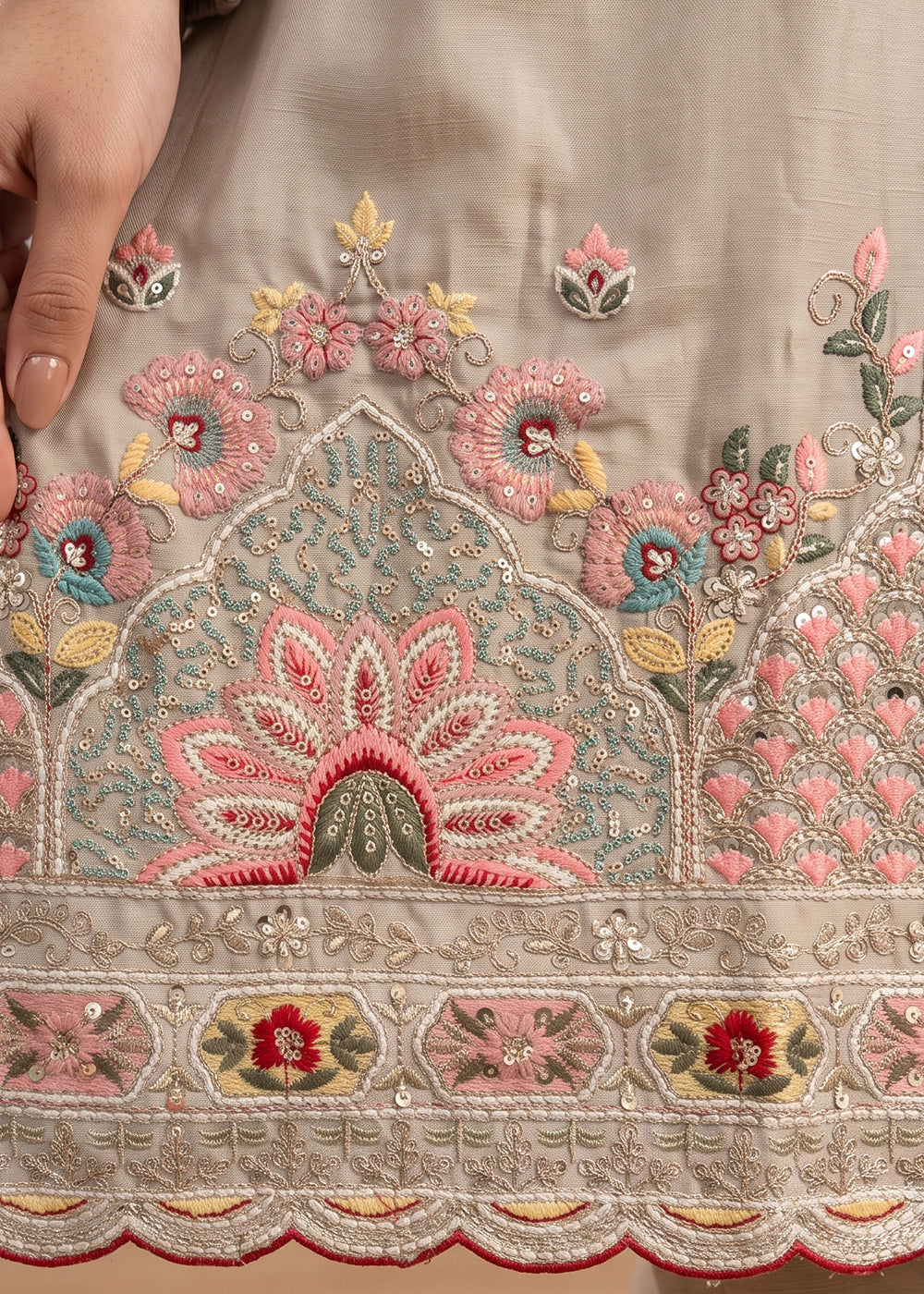 Beige Brown Silk Palazzo Suit with Delicate Thread Artistry