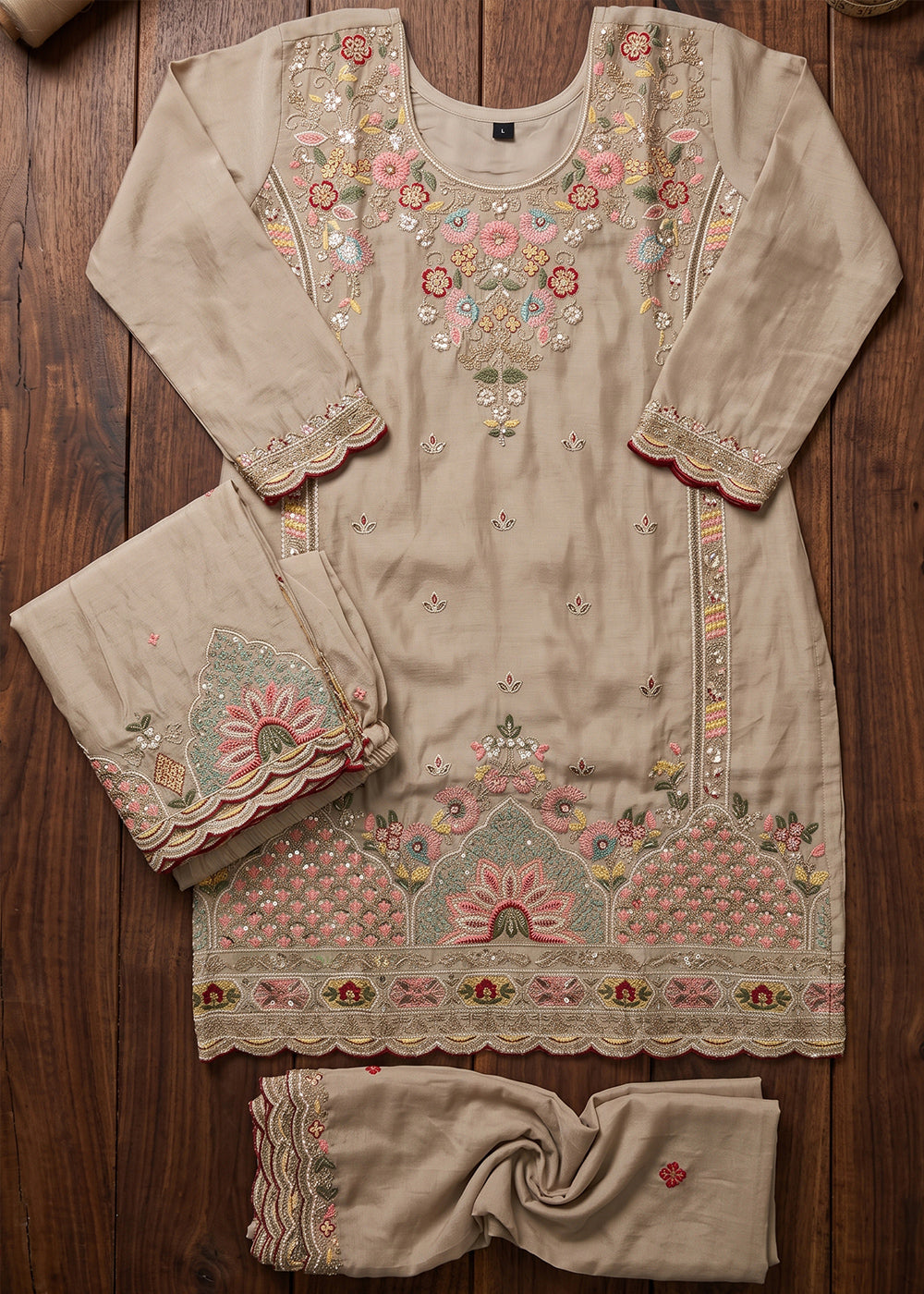 Beige Brown Silk Palazzo Suit with Delicate Thread Artistry