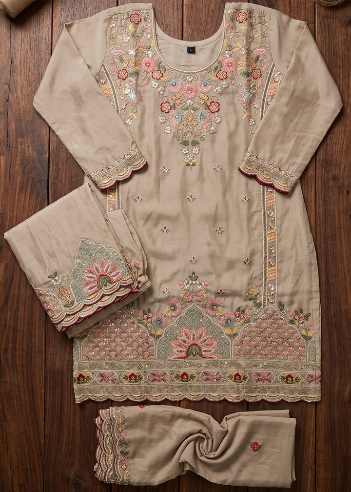Beige Brown Silk Palazzo Suit with Delicate Thread Artistry