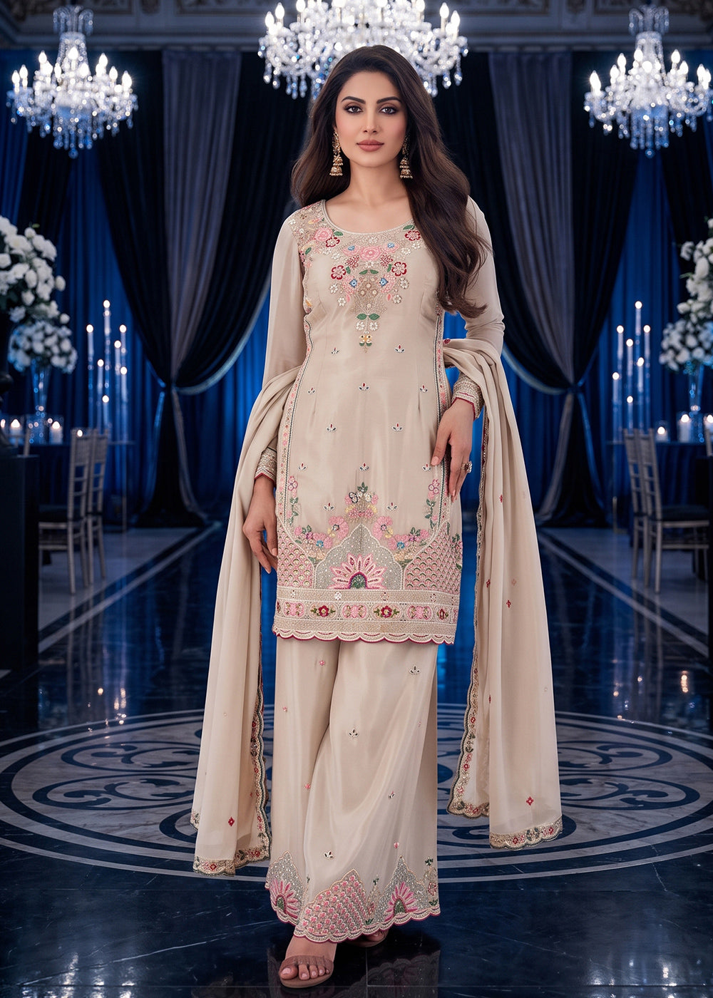 Beige Brown Silk Palazzo Suit with Delicate Thread Artistry