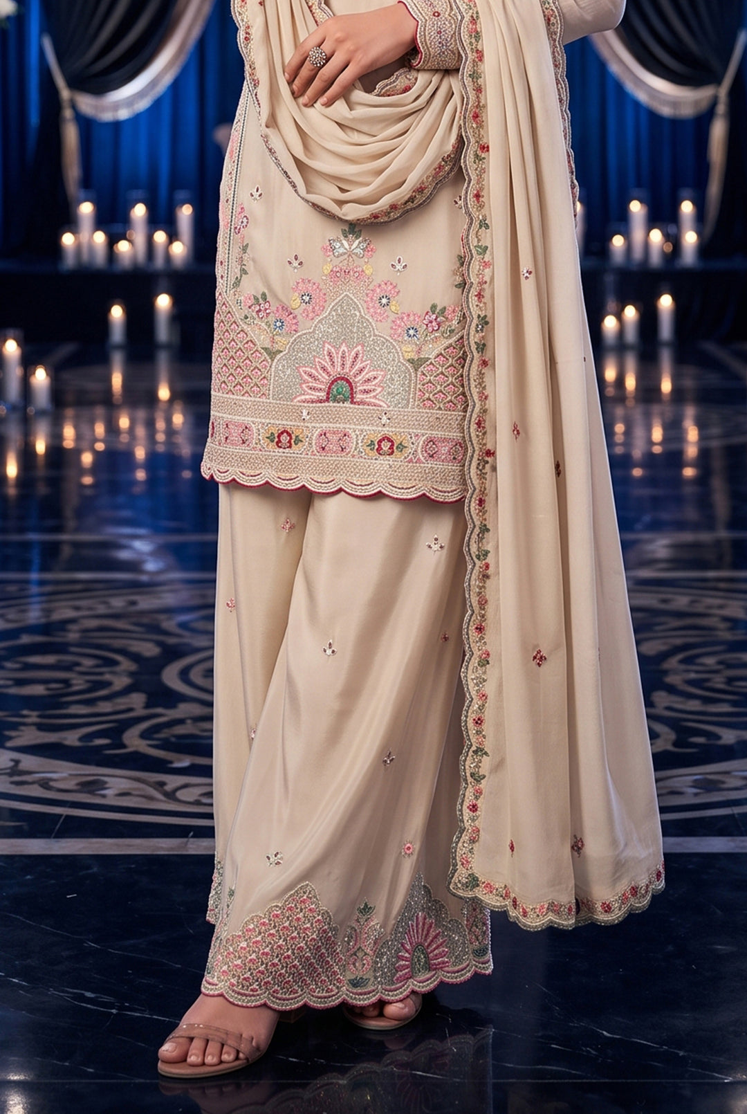 Beige Brown Silk Palazzo Suit with Delicate Thread Artistry