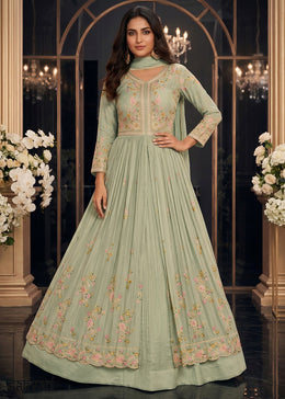 Light Green Chinon Silk Anarkali Suit with Floral Thread Artistry