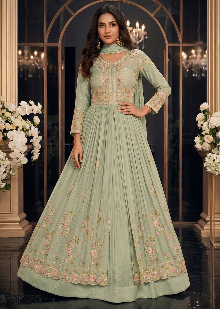 Light Green Chinon Silk Anarkali Suit with Floral Thread Artistry
