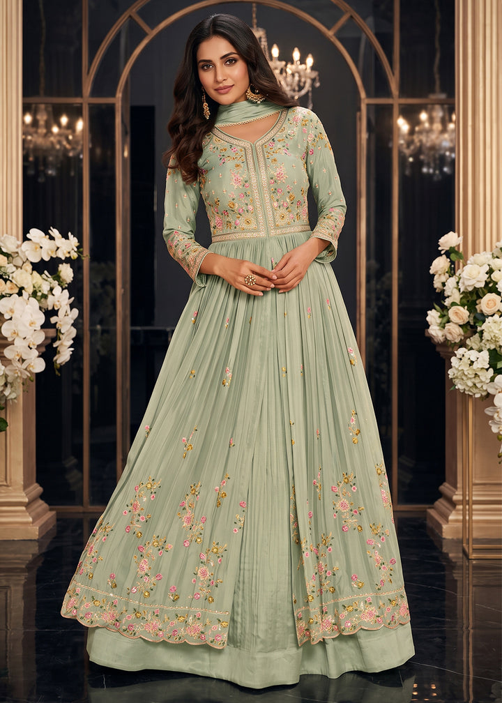 Light Green Chinon Silk Anarkali Suit with Floral Thread Artistry