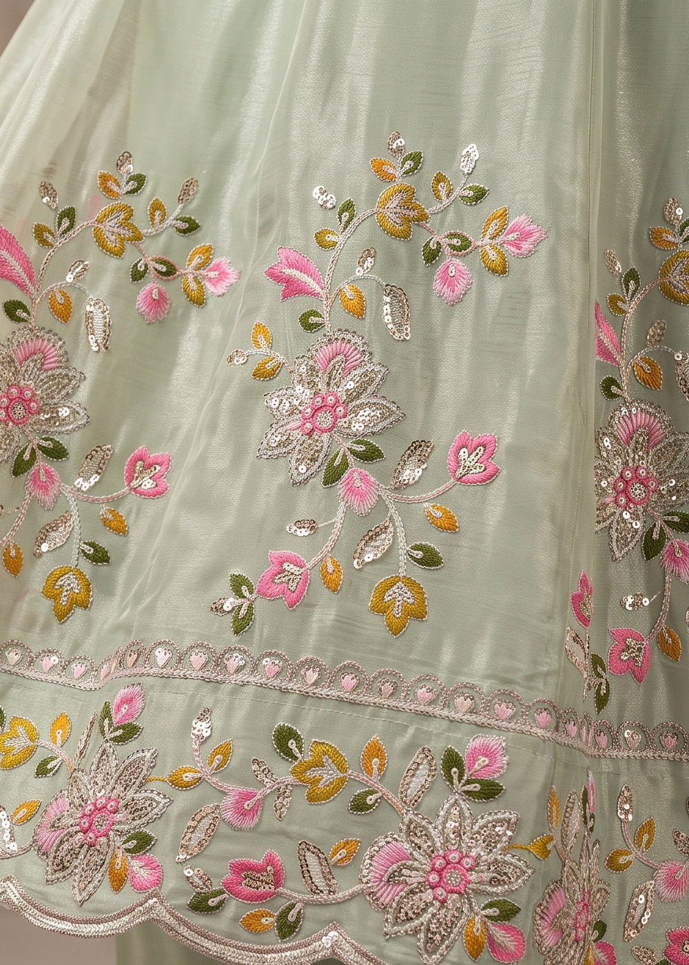 Light Green Chinon Silk Anarkali Suit with Floral Thread Artistry