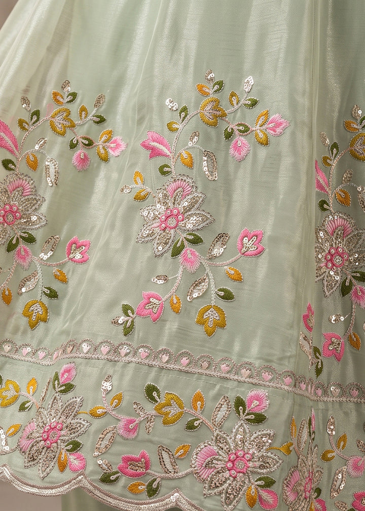 Light Green Chinon Silk Anarkali Suit with Floral Thread Artistry