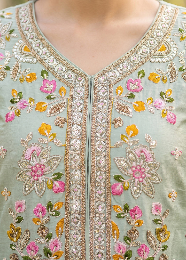 Light Green Chinon Silk Anarkali Suit with Floral Thread Artistry