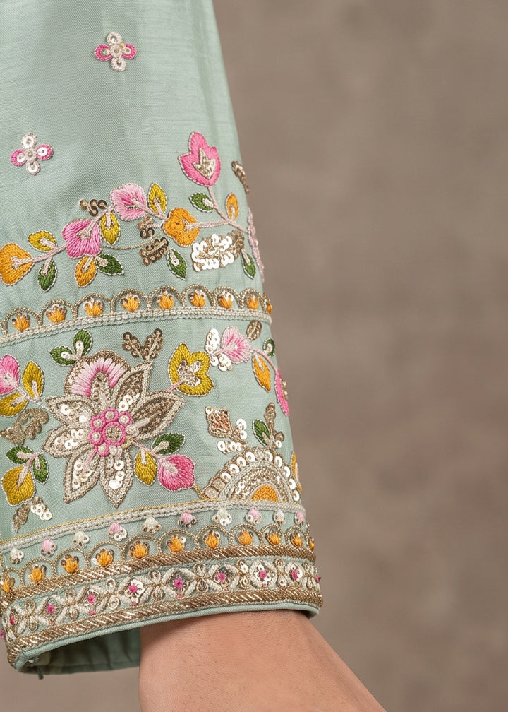 Light Green Chinon Silk Anarkali Suit with Floral Thread Artistry