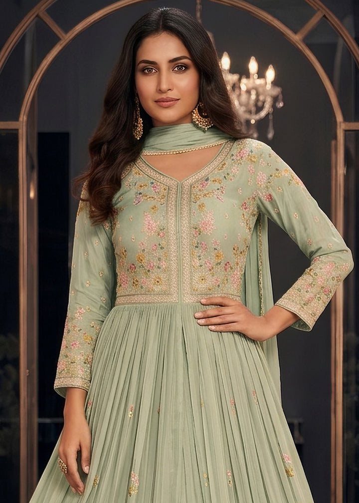Light Green Chinon Silk Anarkali Suit with Floral Thread Artistry