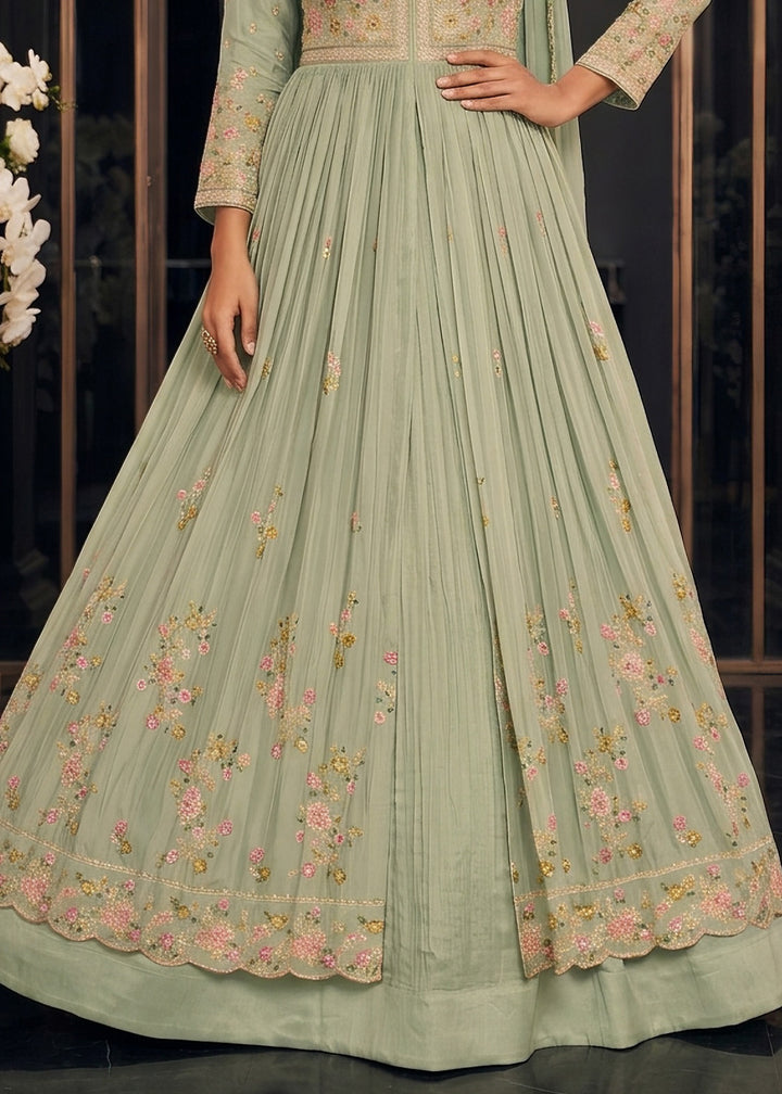 Light Green Chinon Silk Anarkali Suit with Floral Thread Artistry