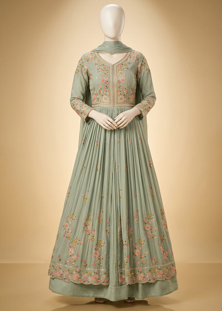 Light Green Chinon Silk Anarkali Suit with Floral Thread Artistry