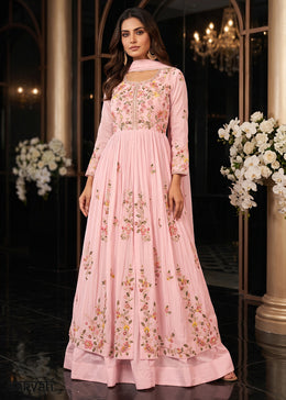 Flamingo Pink Chinon Silk Anarkali Suit with Floral Thread Artistry