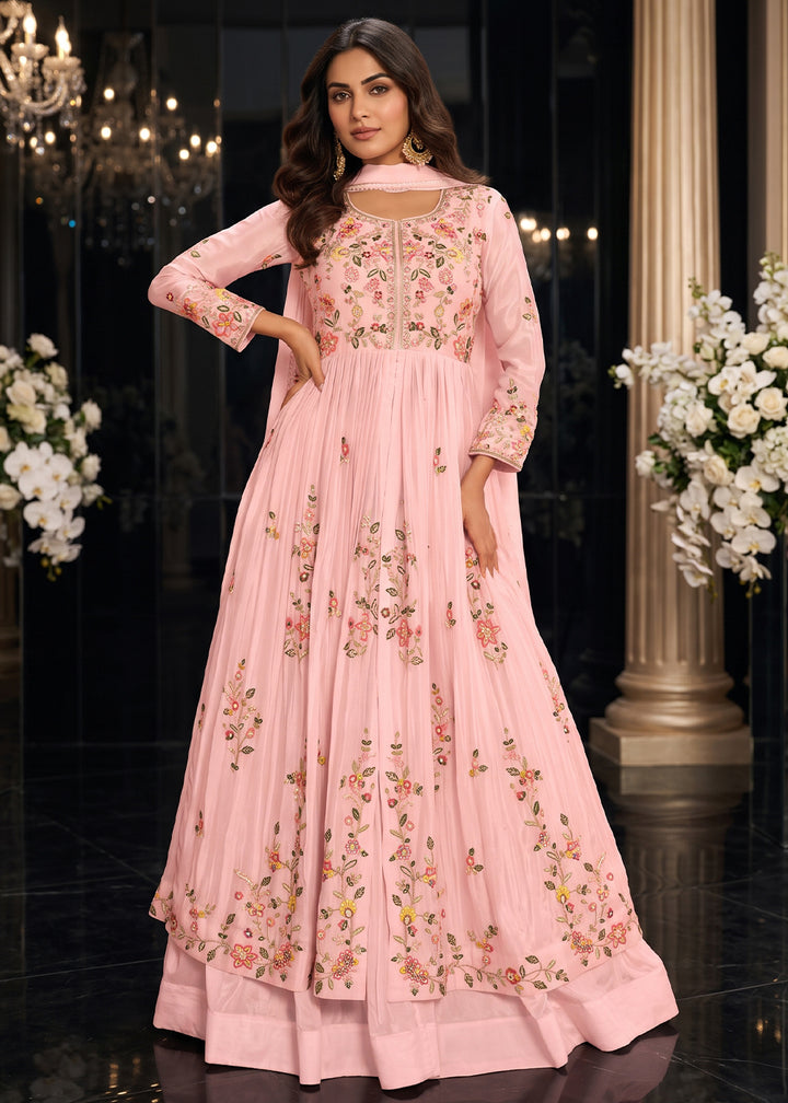 Flamingo Pink Chinon Silk Anarkali Suit with Floral Thread Artistry